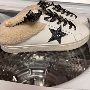 Steve Madden White Sneaker Mules with Black Glitter Star
